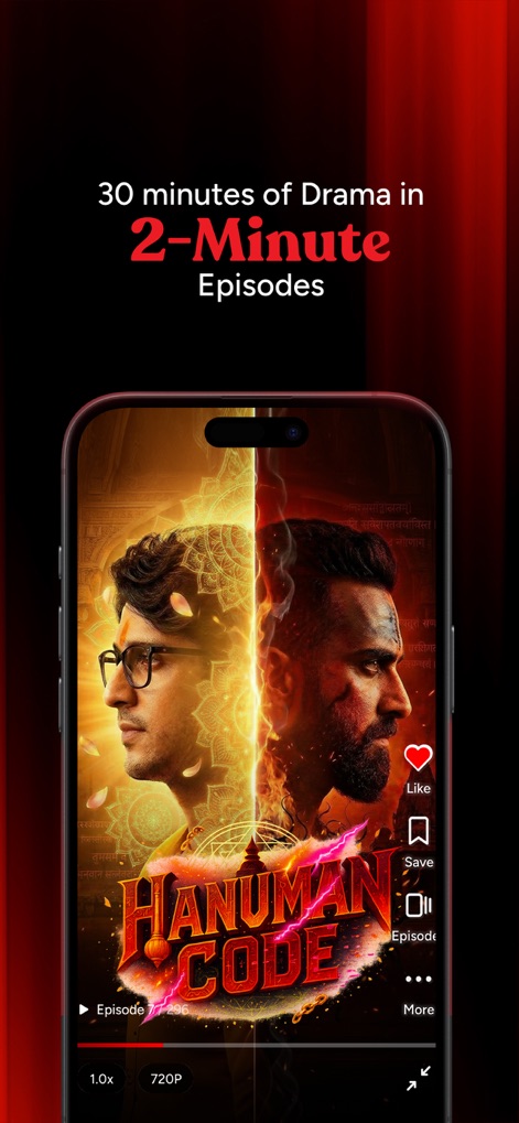 Kuku TV: Short Drama & Stories - This screenshot illustrates the app's '2-Minute Episodes' format, perfect for quick breaks, alongside a user-friendly video player showing 'playback controls and 720P quality options'.