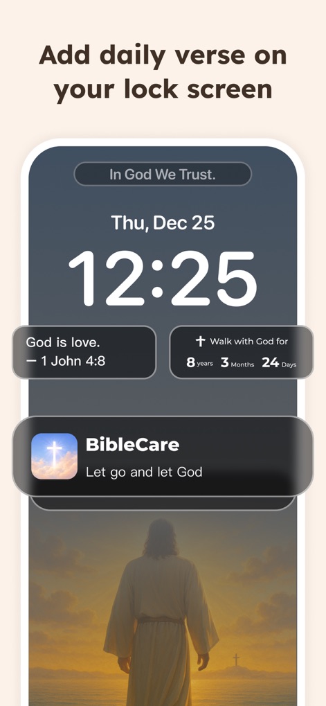 BibleCare:Verses,Prayers&Chat - See how BibleCare seamlessly integrates daily Bible verses and a spiritual progress tracker directly onto a user's lock screen.