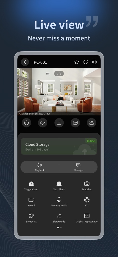 UniEase (Formerly UNV-Link) - Experience continuous real-time monitoring through a dynamic live video feed, complemented by immediate controls for functions like 'Snapshot' and a visible 'Cloud Storage' status indicator.