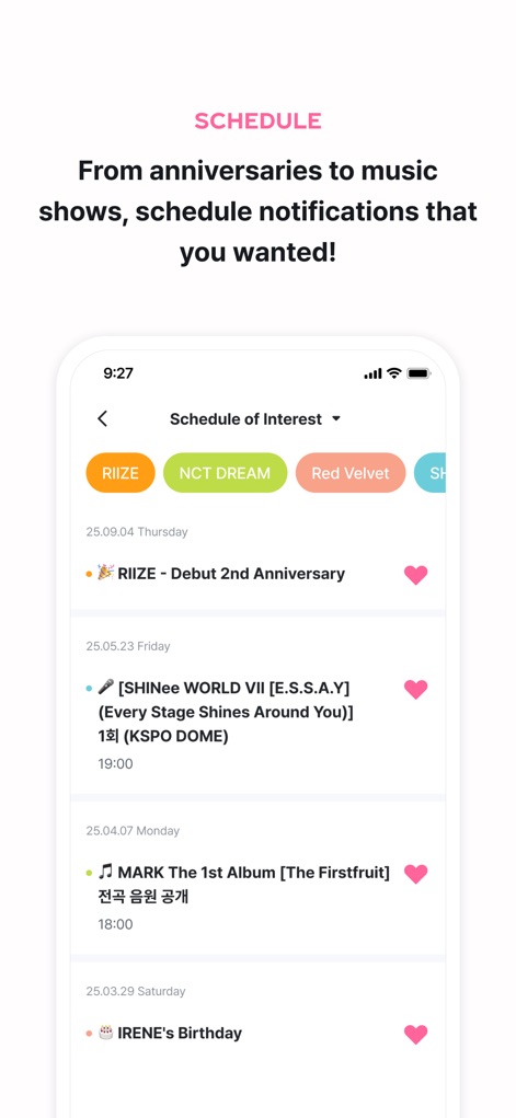 SMTOWN | OFFICIAL - Keep track of all artist activities with the 'Schedule of Interest' section, which features upcoming events and customizable artist filters like 'RIIZE' and 'NCT DREAM'.