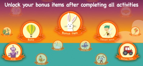LearnEnglish Kids: Playtime - このアプリでは、アクティビティを完了すると、ロボットやウサギなどのカラフルなボーナスアイテムがアンロックされます。これらのアイテムは、モンスタービレッジのような楽しい背景に配置されます。