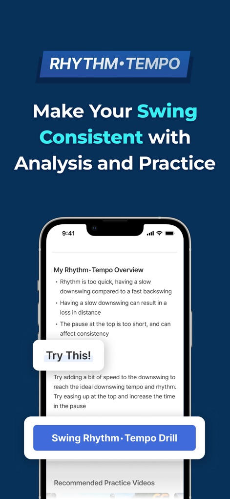 GolfFix AI Golf Swing Analyzer - Dieses Tool bietet eine detaillierte "Rhythm-Tempo Overview", die spezifische Probleme wie einen zu schnellen Rhythmus erklärt und praktische Lösungsansätze unter dem Titel "Try This!" für eine verbesserte Konsistenz vorschlägt.