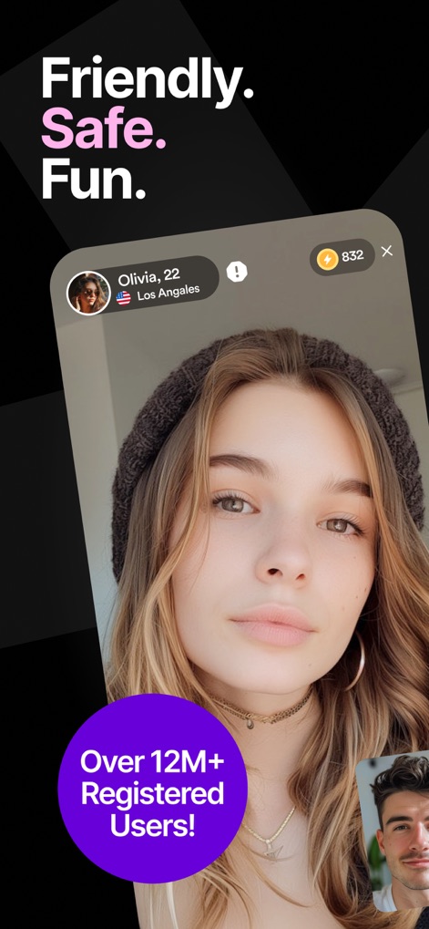 MatchPub: Live 1:1 Video Chat - Questo screenshot mostra una vivace video chat 1:1, con il profilo di 'Olivia, 22' chiaramente visibile e il banner 'Over 12M+ Registered Users!' che ne evidenzia la vasta comunità.