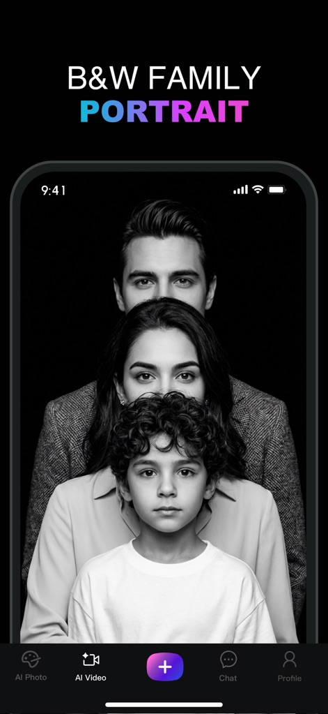 Chatlulu:Video&Photo Editor - Users can transform photos into striking black & white family portraits, demonstrating the app's powerful AI styling capabilities for unique visual aesthetics.