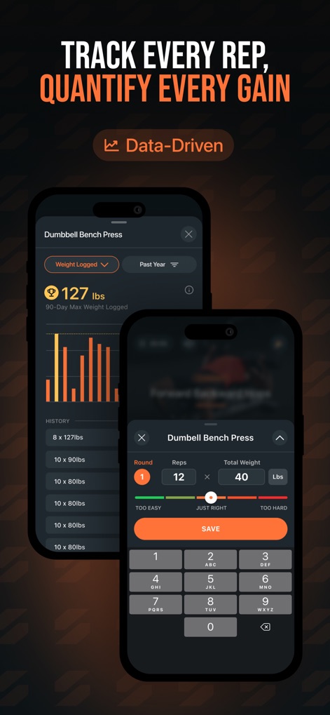 SHRED: Gym & Home Workouts - Analyze the app's detailed progress tracking visuals, including historical data graphs and intuitive weight/rep logging interfaces.