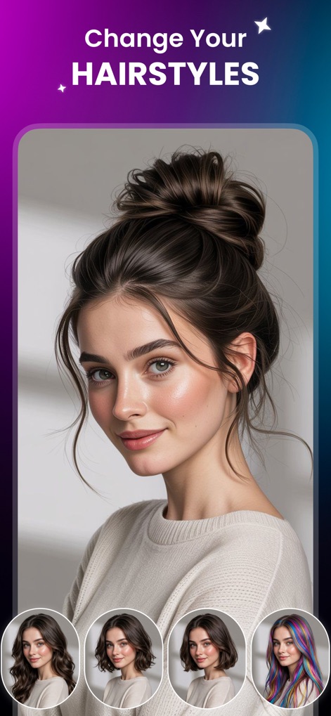 ReSnap: AI Photos & Edits - Les utilisateurs peuvent visualiser instantanément des 'nouvelles coiffures' variées et choisir parmi une 'gamme d'options de styles capillaires' présentées en vignettes.
