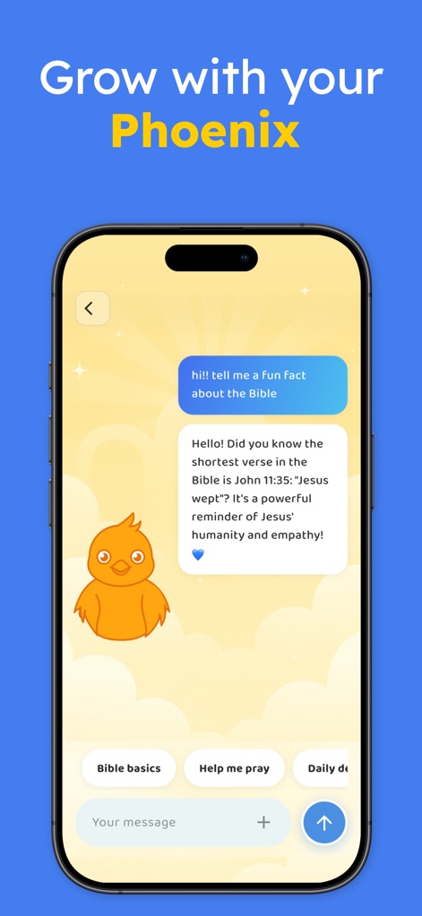 Ascend: Bible Game - Grandissez dans la foi grâce à un dialogue interactif avec votre compagnon phénix, qui fournit des faits bibliques et un soutien spirituel personnalisé.