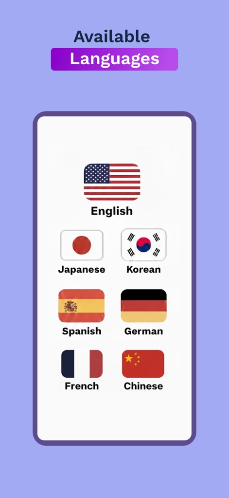 Umi - Language Learning - Witness the wide array of languages offered, clearly presented with country flags, enabling users to choose their desired learning path from popular global options.