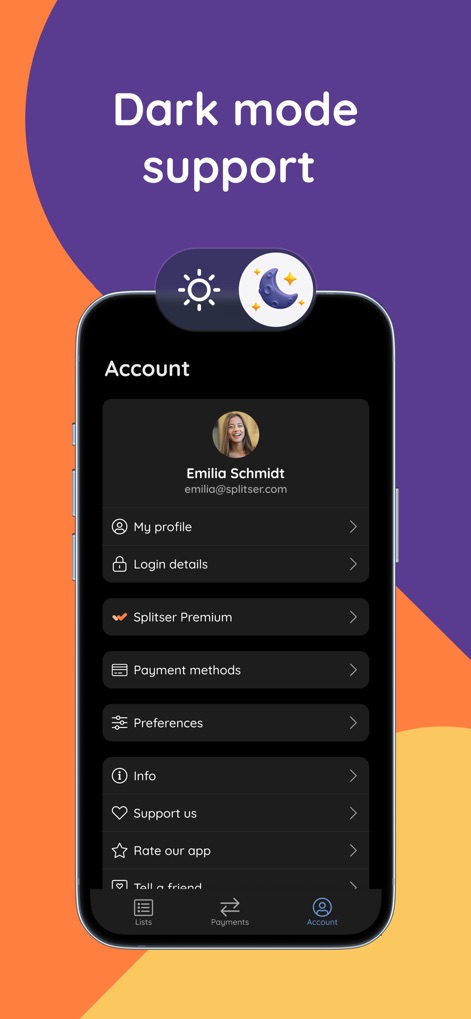 Splitser - WieBetaaltWat - The app offers a sleek dark mode interface for improved readability and includes comprehensive account settings for customizable user preferences.