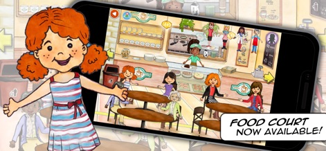 My PlayHome Plus - The app reveals a vibrant food court teeming with diverse characters and an array of appealing food stalls.