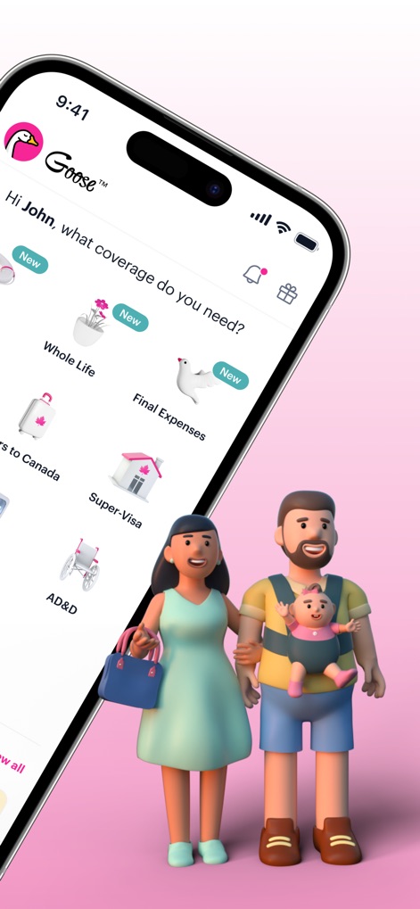 Goose Insurance - O aplicativo saúda o usuário com uma mensagem personalizada ("Hi John") e exibe novos tipos de cobertura marcados, como "Whole Life" e "Final Expenses", complementado por uma ilustração familiar que ressalta a importância da proteção.