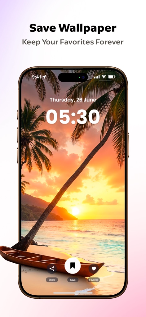 Vibewalls - Wallpaper HD & 4K - A funcionalidade de salvar papéis de parede é ilustrada com uma cena de pôr do sol na praia e um barco, permitindo aos usuários guardar suas imagens preferidas.