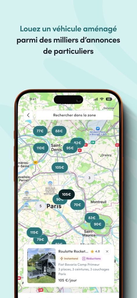 Wikicampers - 広範囲の地図上に料金が表示され、特定の車両詳細がカード形式で確認できるため、ユーザーは希望の地域と予算で最適な車両を見つけられます。