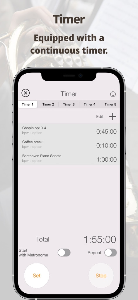 Smart Metronome & Tuner + - Dieses Tool verfügt über einen kontinuierlichen Timer, der Nutzern hilft, Übungseinheiten zu organisieren, sichtbar durch die Möglichkeit, mehrere individuelle Timer und die gesamte Übungszeit zu verwalten.