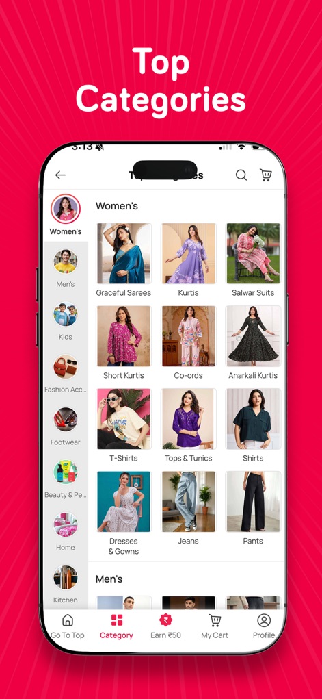 Snapdeal Trendy Budget Fashion - L'exploration des produits est facilitée par un menu latéral clair pour les sections principales et une grille détaillée présentant des sous-catégories spécifiques comme les "Graceful Sarees" et "Dresses & Gowns".