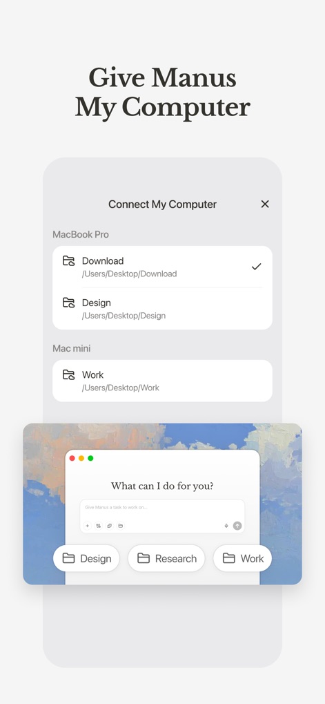 Manus - AI Agent & Automation - A ferramenta oferece integração profunda com o ambiente do usuário, permitindo conectar pastas específicas como 'Download' e 'Work' para execução autônoma de tarefas.