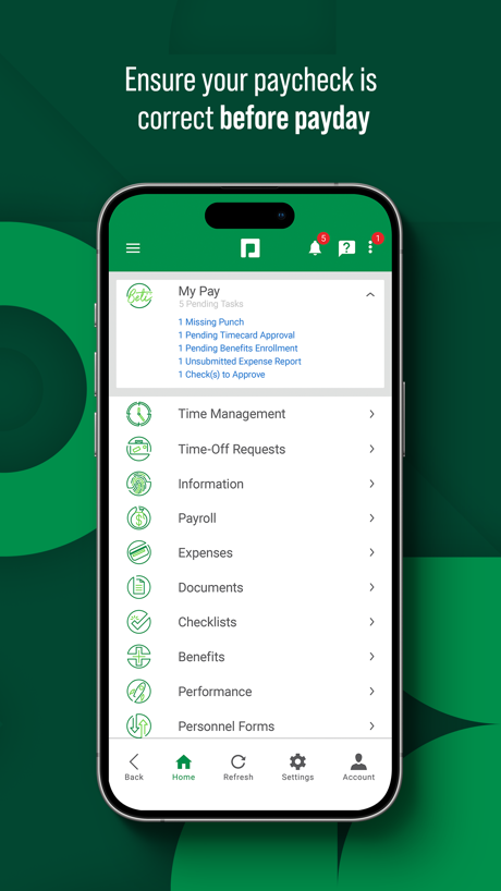 Paycom App Store screenshot 2, headline “Ensure your paycheck is correct before payday”. A word in a different colour.