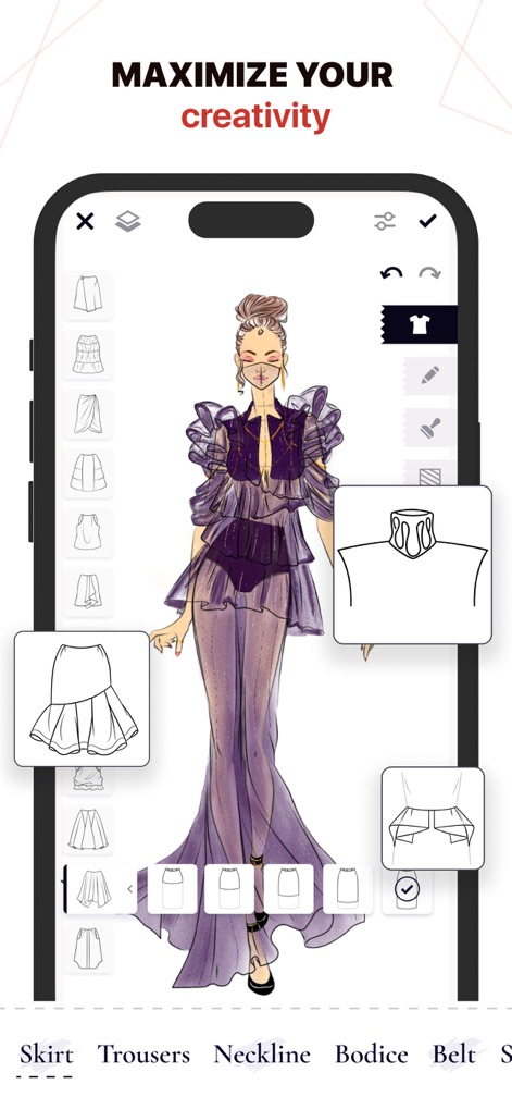 Fashion Design Sketches: Style - Explore the app's powerful customization features, presenting a wide array of modular clothing elements such as skirts and necklines, and interactive selection panels for effortless component modification.