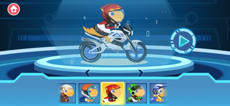 Dirt Bike Games Kids - 라이더 커스터마이징 화면에서, 사용자는 자신만의 라이더를 선택할 수 있습니다. 중앙에 장착된 헬멧을 쓴 라이더와 하단에 정렬된 다양한 라이더 옵션들을 통해 자신만의 캐릭터를 만들 수 있습니다.