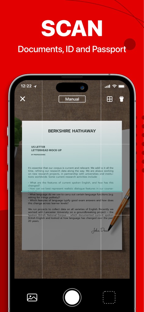 PDF Reader - PDF Editor - Witness the seamless document scanning process, utilizing 'Manual' mode for precise capture and generating a clear preview of the digitized content.