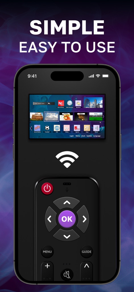 Universal TV Remote Control 。 - The app simplifies TV interaction with clear Wi-Fi connectivity indication and direct access to streaming apps via an on-screen launcher.