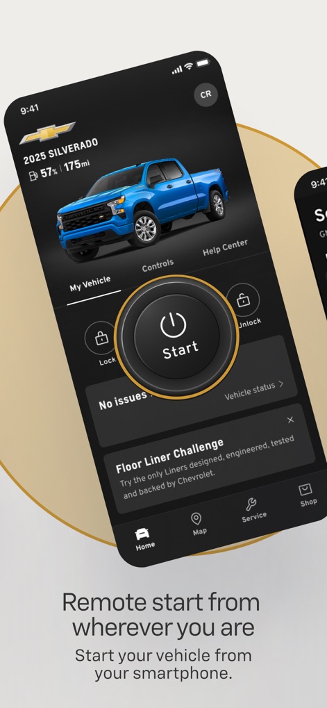 myChevrolet - The app enables users to easily start their vehicle remotely via the prominent 'Start' button and continuously monitors vehicle status.