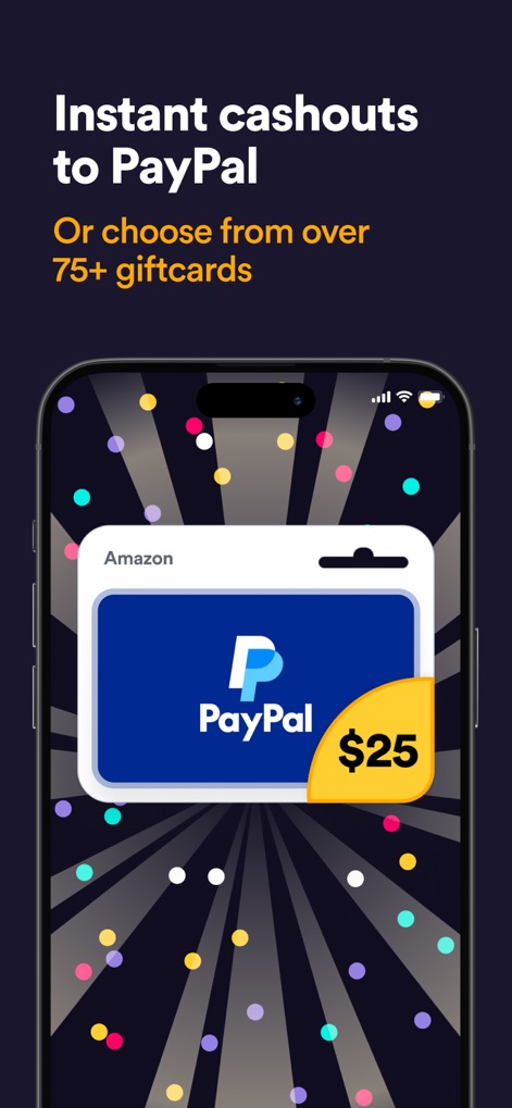 Survey Spin: Get paid cash! - This view demonstrates the ease of cash-out, showcasing instant PayPal transfers and a variety of gift card options with clear denominations like the "$25" sticker.