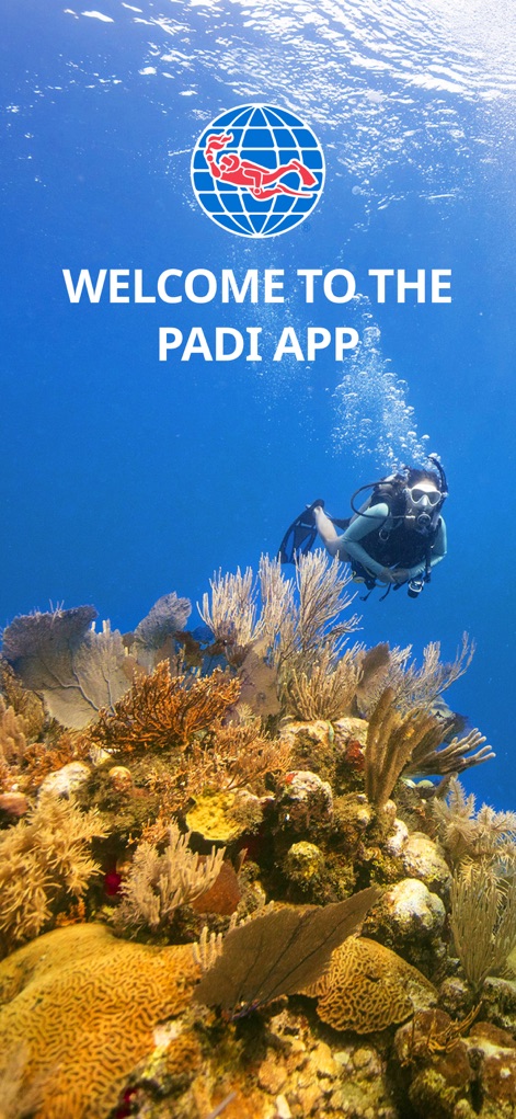 PADI - La imagen de bienvenida presenta el icónico logo de PADI en un vibrante fondo submarino, invitando a los usuarios a explorar el mundo del buceo con un buceador en plena inmersión como protagonista.
