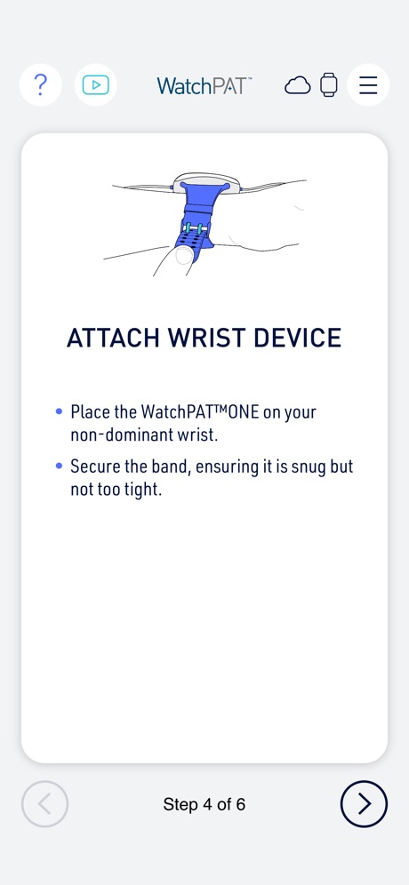 WatchPAT App Store screenshot 6, headline “ATTACH WRIST DEVICE”. Headline in capitals.