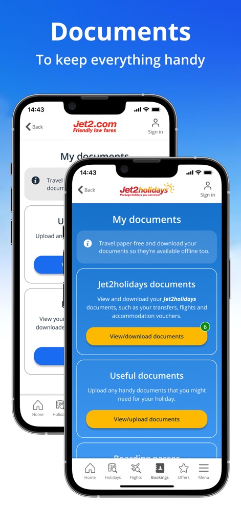 Jet2 - Holidays and Flights - La sección "Documents" permite a los usuarios gestionar sus archivos de viaje, ofreciendo opciones para "View/download documents" específicos de Jet2holidays y otros "Useful documents", manteniendo todo organizado y accesible.