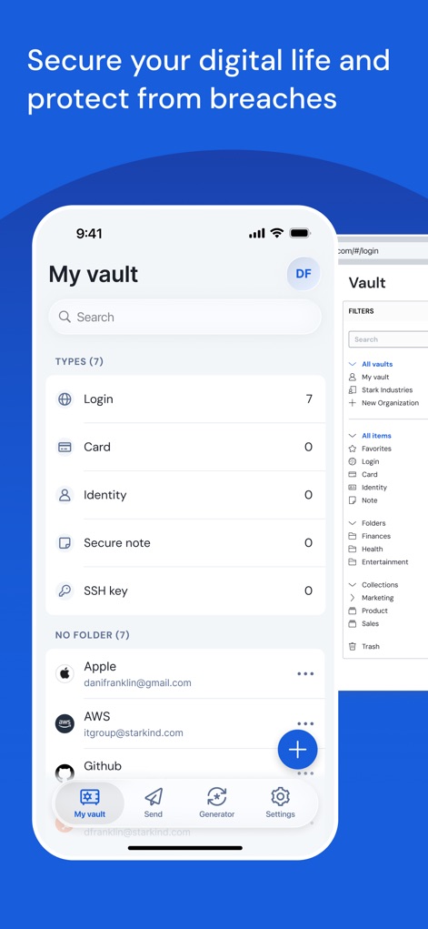 Bitwarden Password Manager - ユーザーは、保存されたログイン情報やセキュアノートといった様々な種類のデータを管理し、AppleやAWSなどの個別のエントリを一覧で確認できます。