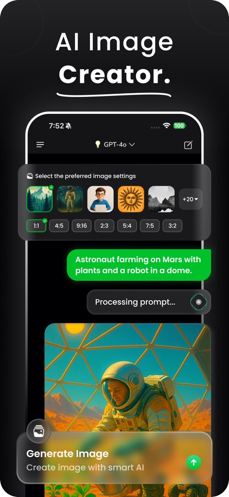 Gronk AI - DeepGronk AI Chat - Discover how the app empowers users to turn ideas into visuals using advanced AI, featuring customizable image settings and creative prompts such as 'Astronaut farming on Mars'.