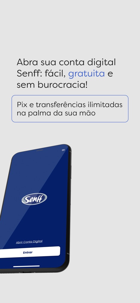 Senff Clientes: Cartão e + - Diese Ansicht stellt die einfache Kontoeröffnung Abrir Conta Digital in den Vordergrund und betont die Vorteile von Pix und Überweisungen für eine unkomplizierte Finanzverwaltung.