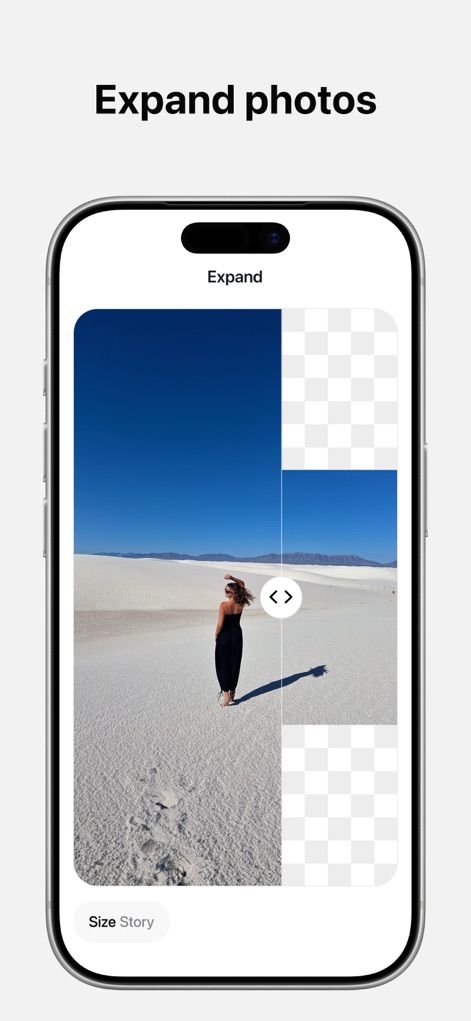 Pixelcut AI Photo Editor - This screenshot demonstrates the innovative Image Expander feature, allowing users to seamlessly extend photo canvases and adjust sizing for various platforms like social stories.
