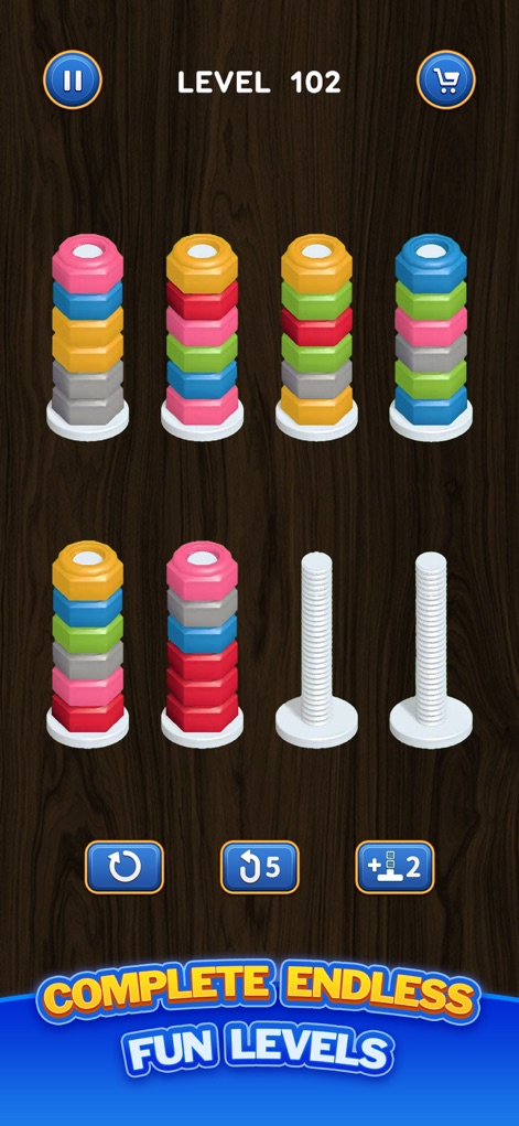 Nut Sort: Color Puzzle Games - Observe the app's diverse arrangements of stacked colored discs and the strategic inclusion of empty bolts for expansive gameplay.