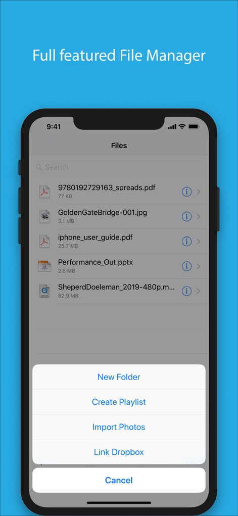 Files - File Manager & Browser - El gestor de archivos permite una organización eficiente con una vista de lista clara de documentos y un menú de acciones contextual que facilita la creación de carpetas o la importación de fotos.