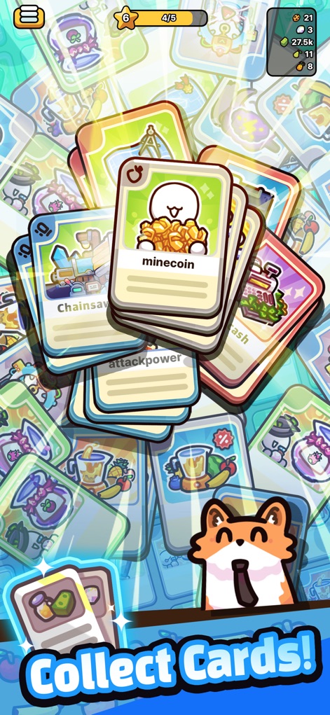 Chainsaw Juice King: Idle Shop - Players can enhance their gameplay through a diverse card collection system, boosting stats like chainsaw power and resource earnings.