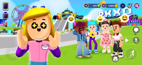 PK XD: Fun, friends & games - See how the app showcases diverse, expressive avatars interacting within a vibrant, expansive open-world environment, teeming with playful structures.