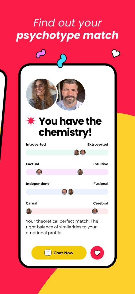 Once: Perfect Match Dating App - The app visualizes compatibility through a "psychotype match," displaying how two users align on personality scales like "Introverted/Extroverted" and "Factual/Intuitive."