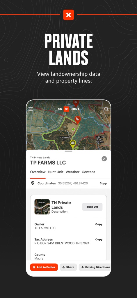 onX Hunt: GPS Hunting Maps - Os usuários podem identificar limites de propriedade privada com clareza, acessando dados como o nome do proprietário e as coordenadas exatas da área.
