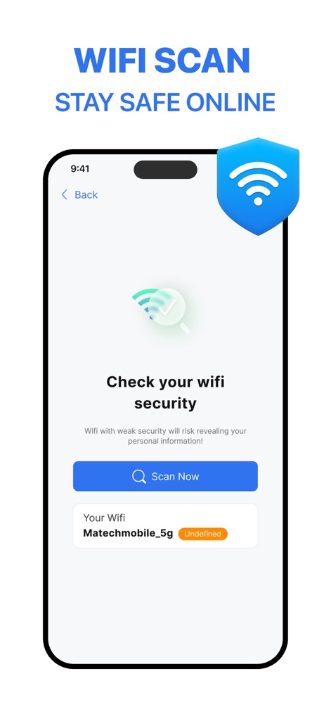Authenticator ® App - La herramienta permite un escaneo de seguridad de la red Wi-Fi con el botón 'Scan Now' para detectar amenazas y muestra el nombre de la red detectada con su estado de seguridad.