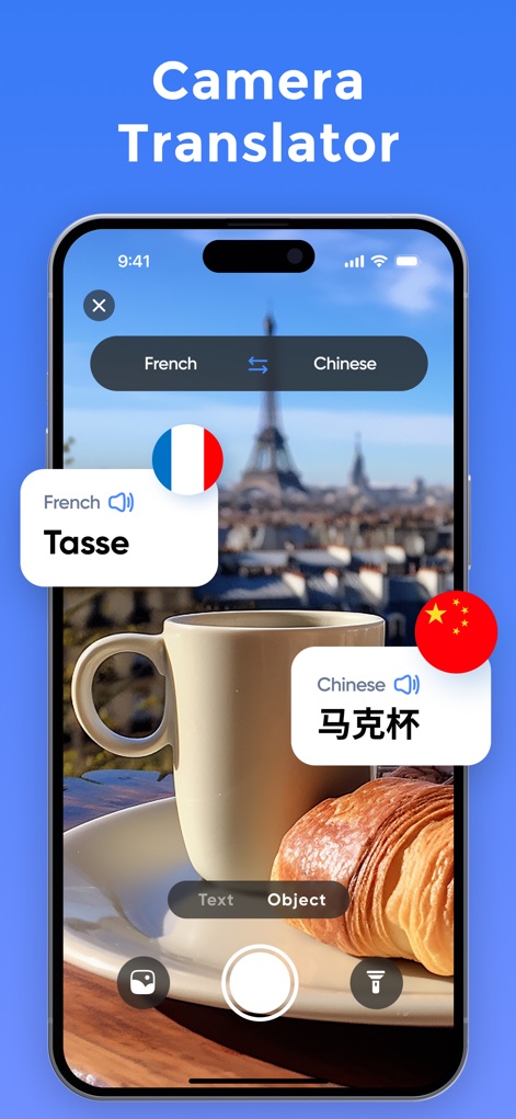 Voice Language Translator Pro - Users can translate text and objects in real-time by simply pointing their camera, instantly converting French to Chinese as shown with the coffee cup.