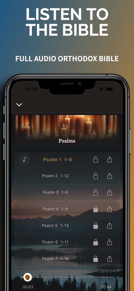 Orthodox Bible - Engage with the "Psalms" audio interface, displaying lock and share icons for content, and a clear audio playback bar for seamless listening.