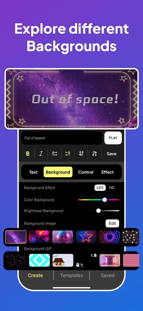 LED Scroller and Text Banner - 魅力的な背景画像や動的な背景GIFオプションから選択し、メッセージの雰囲気を一新する豊かなビジュアル表現が可能です。