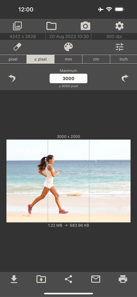 Image Size - 이 앱은 '최대' 픽셀 값 설정을 지원하며, '격자' 오버레이를 활용하여 이미지의 특정 부분을 정확하게 자르고 미리 볼 수 있습니다.