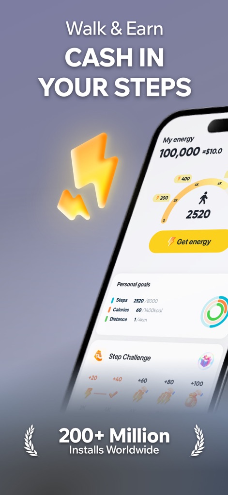 Perfit: Walk to Earn Rewards - See how the app tracks "My energy" showing accumulated points and their cash value, alongside detailed "Personal goals" for steps, calories, and distance.