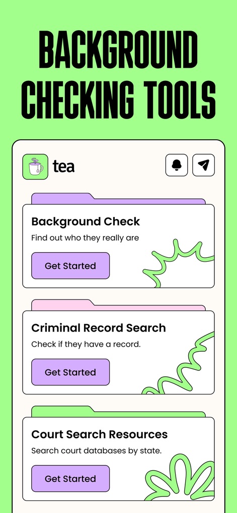 Tea Dating Advice - Users can access a suite of robust vetting tools, including 'Background Check' and 'Criminal Record Search' functionalities, alongside detailed 'Court Search Resources'.
