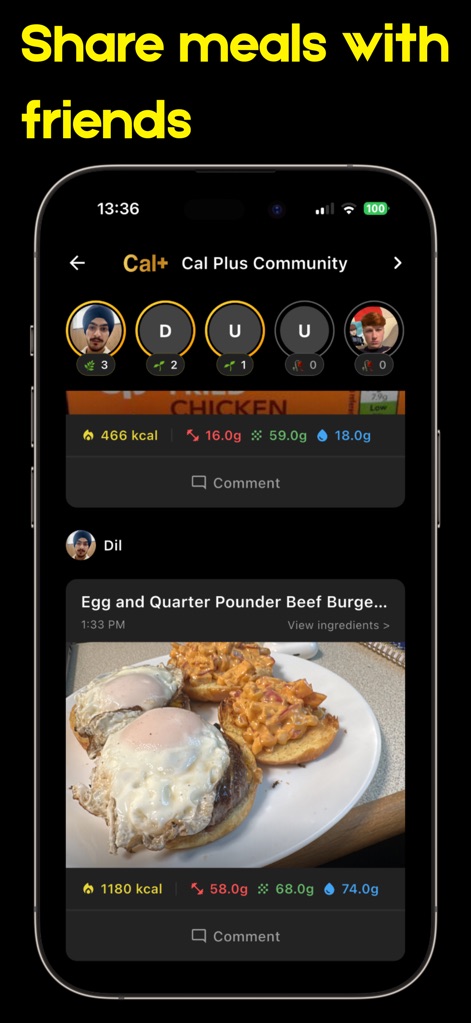 Cal Plus - AI Calorie Tracker - The app features a community feed where users can share meals and interact with friends through comments and reactions.