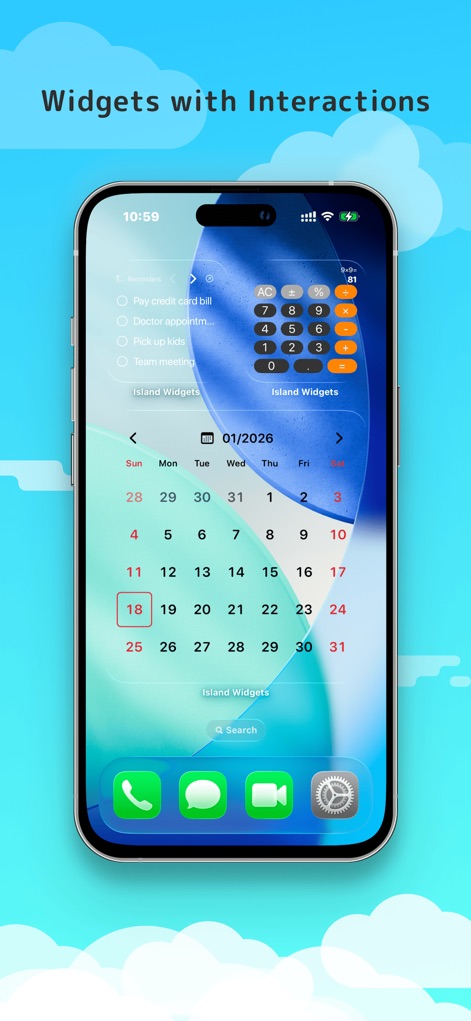 Island Widgets - Dieser Screenshot demonstriert die interaktiven Möglichkeiten der Widgets, wie die direkt bedienbare To-Do-Liste zum Abhaken von Aufgaben und das voll funktionsfähige Taschenrechner-Widget.