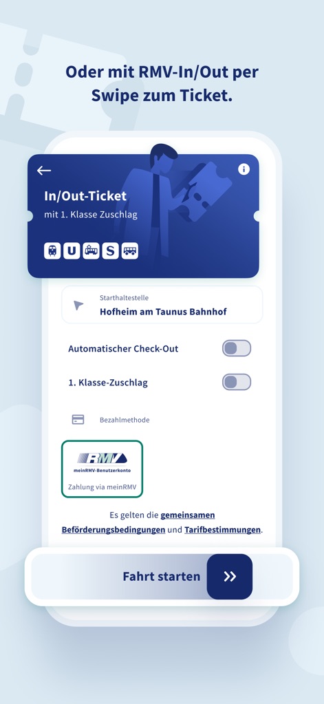 RMVgo - The app introduces the RMV-In/Out ticket system for easy activation, featuring an automatic check-out option and seamless payment integration with meinRMV accounts.